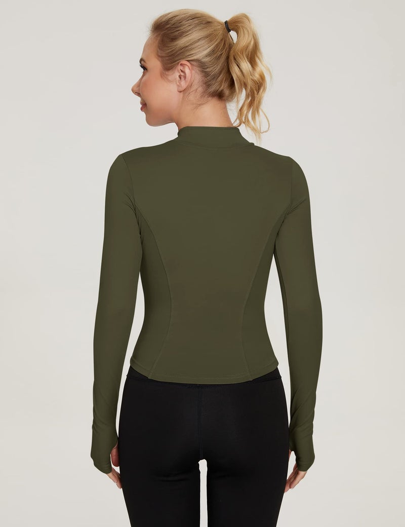 LUYAA Womens Athletic Full Zip Up Jacket Tight Slim Fit Workout Jackets Long Sleeve Running Active Tops Army Green M - Image 5