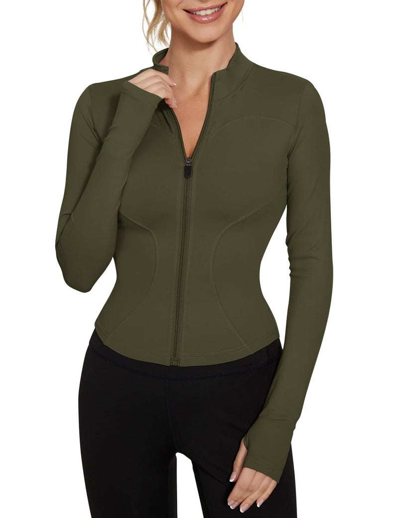 LUYAA Womens Athletic Full Zip Up Jacket Tight Slim Fit Workout Jackets Long Sleeve Running Active Tops Army Green M - Image 1