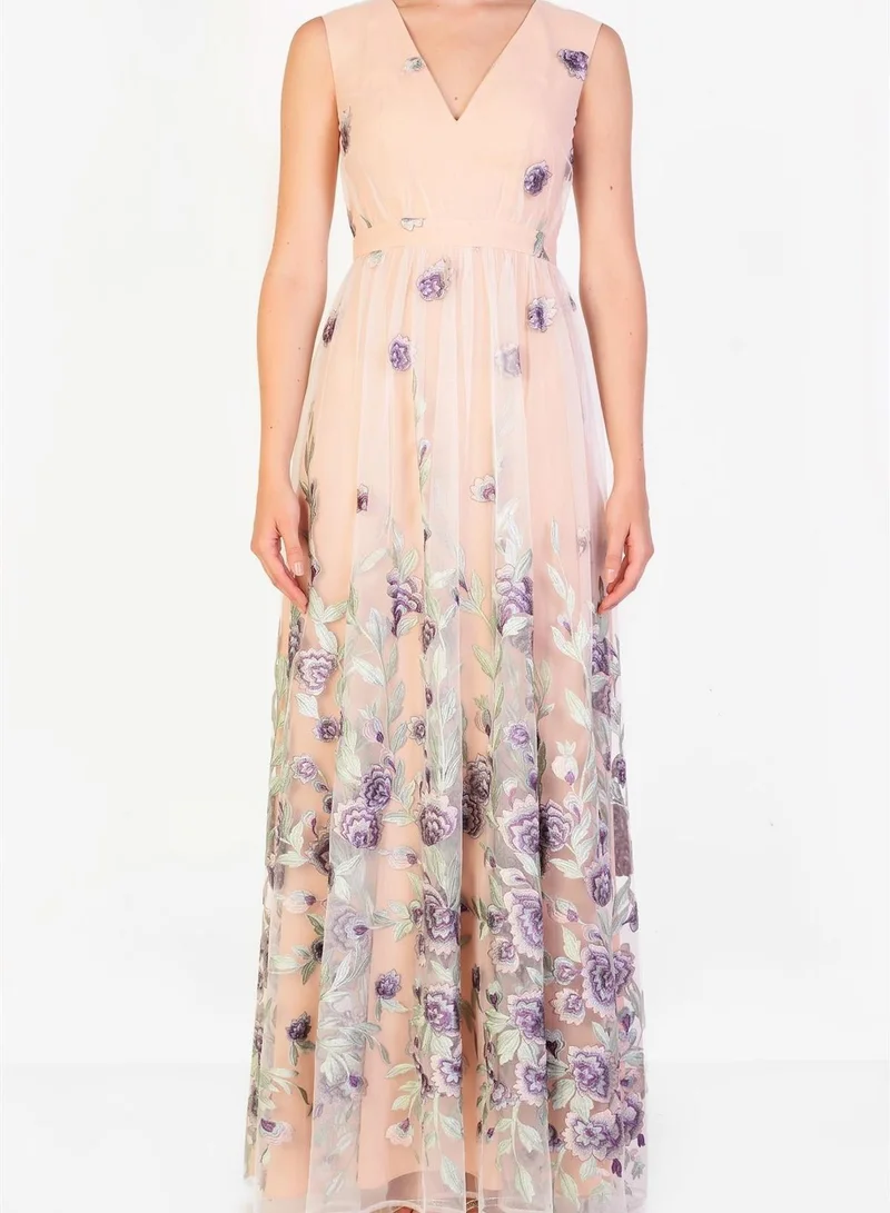 True Decadence Lena Nude Lilac Embroidered Sleeveless V-Neck Maxi Dress