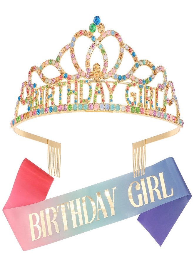 Chanaco Birthday Crown and Sash Set for Women, Gold, Hairband with 'Birthday Girl' Sash Rhinestone Tiara and Hair Accessories for Party Favors, Ideal Gift for Adults - Image 1