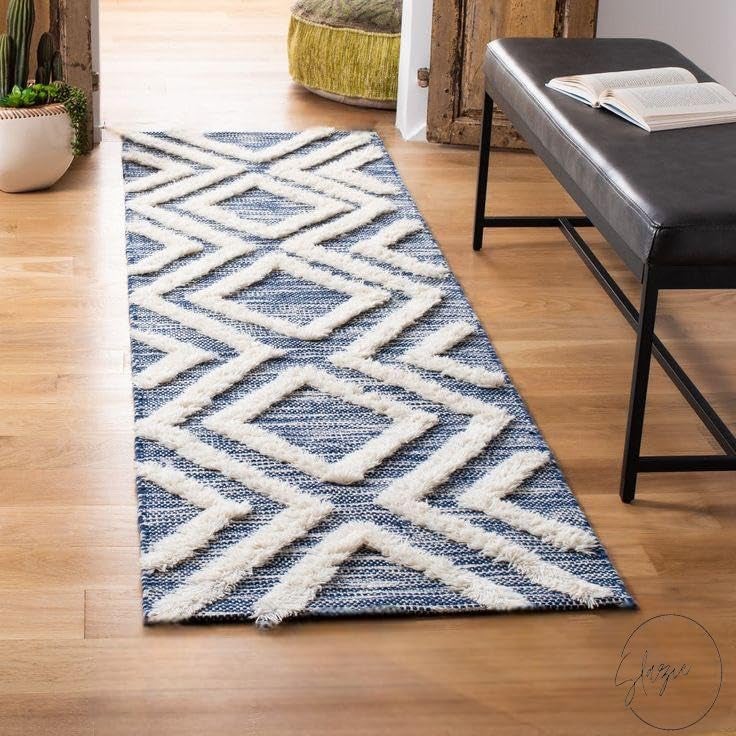 Slazie Cotton Soft Multi-Purpose Floor Rug for Bedroom Living Room|Kitchen Runner|Bedside Runner |Bed Runner|Reversible|2x5 Feet| (Blue TU) - Image 1