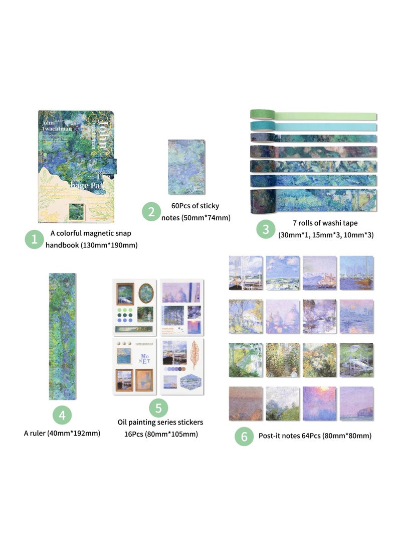 Generic - Scrapbook Kit Box with Notebook, 140PCS Custom Labels, Sticker Sheets, Sticky Notes, 7 Rolls Washi Tape and Ruler Set DIY for Gift, Journaling, Planner, (Water Lilies) - Image 1