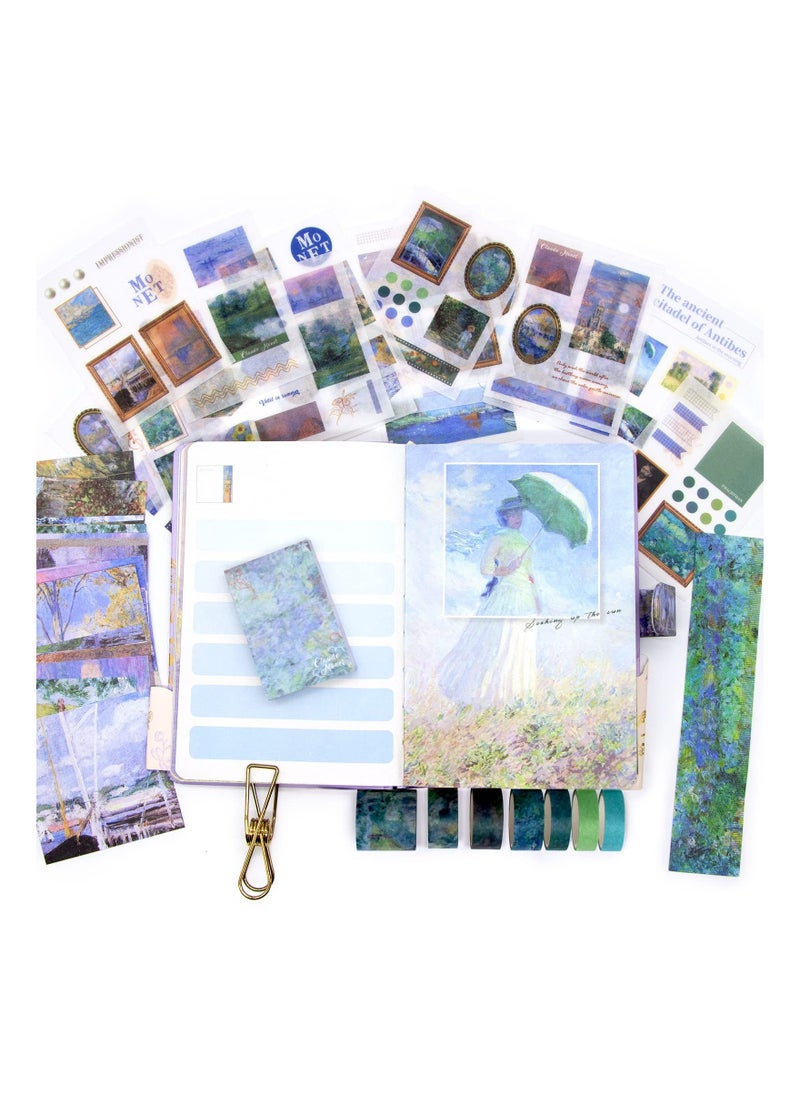 Generic - Scrapbook Kit Box with Notebook, 140PCS Custom Labels, Sticker Sheets, Sticky Notes, 7 Rolls Washi Tape and Ruler Set DIY for Gift, Journaling, Planner, (Water Lilies) - Image 1