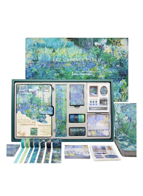 Scrapbook Kit Box with Notebook, 140PCS Custom Labels, Sticker Sheets, Sticky Notes, 7 Rolls Washi Tape and Ruler Set DIY for Gift, Journaling, Planner, (Water Lilies)