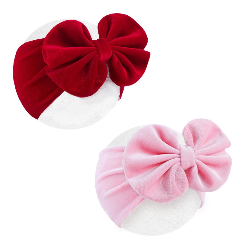 YanJie Hairband - Velvet Bows for Baby Girls, Soft Handmade Headbands, Ideal Gifts for Toddlers, Girls Infant, Kids, 2 Pack - Red, Pink - Image 1
