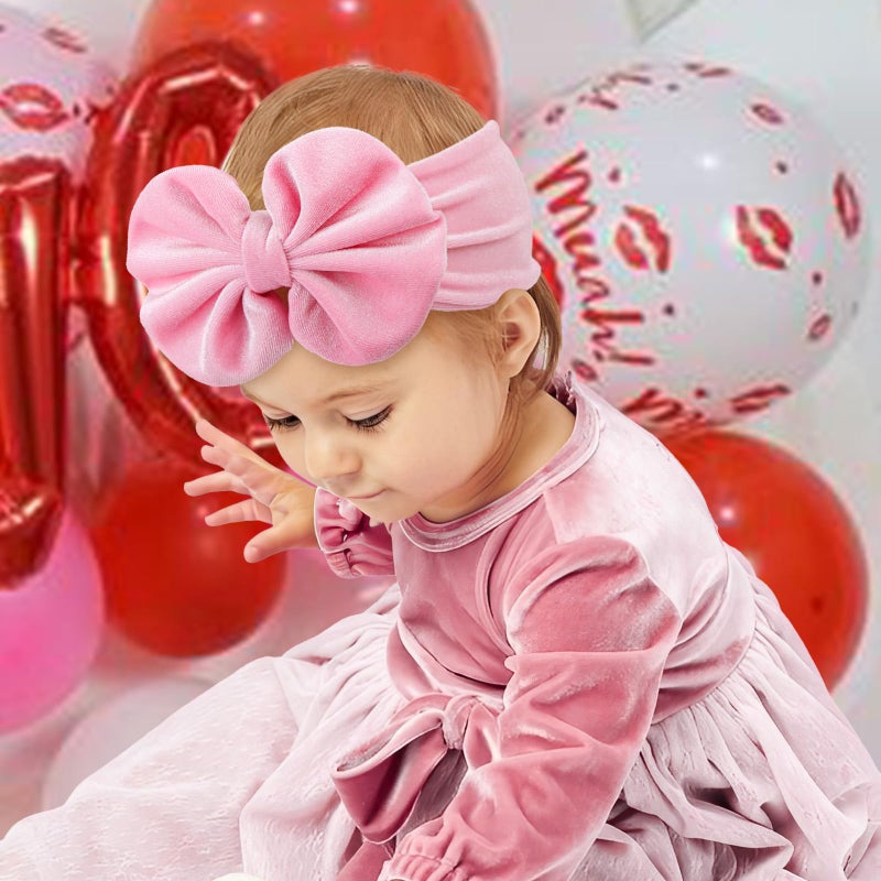 YanJie Hairband - Velvet Bows for Baby Girls, Soft Handmade Headbands, Ideal Gifts for Toddlers, Girls Infant, Kids, 2 Pack - Red, Pink - Image 2