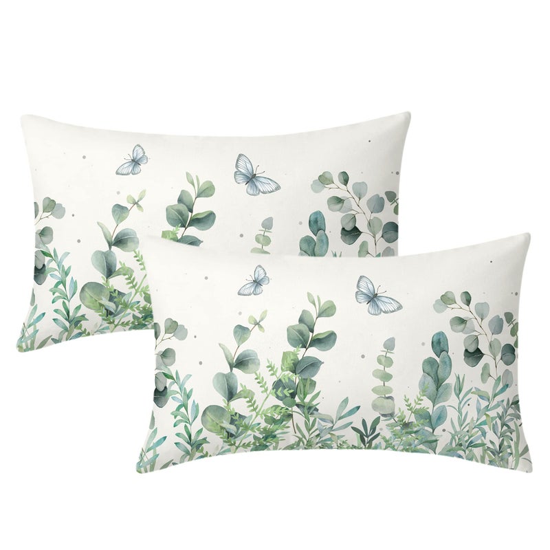 Spring Eucalyptus Leaves Throw Pillow Covers 12X20 in Set of 2 Sage Green Leaf Butterfly Lumbar Pillow Cases Summer Floral Rectangle Pillow Cover Farmhouse Decor for Sofa Couch Bed Living Room