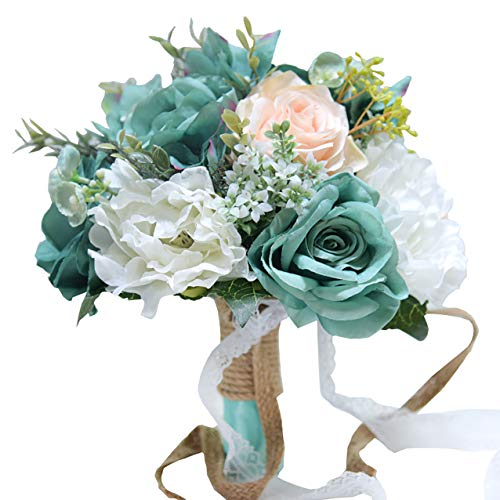 Fiwisora 9.8" Bridal Holding Wedding Bouquet Real-Looking Mixed Flowers Ivory Greenery Bridal Wedding Throw Bouquet for Wedding Brides Bridesmaid Wedding Hold Flower, Vintage Green Bouquet - Image 5