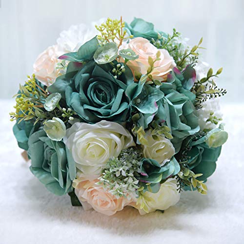 Fiwisora 9.8" Bridal Holding Wedding Bouquet Real-Looking Mixed Flowers Ivory Greenery Bridal Wedding Throw Bouquet for Wedding Brides Bridesmaid Wedding Hold Flower, Vintage Green Bouquet - Image 2