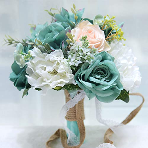 Fiwisora 9.8" Bridal Holding Wedding Bouquet Real-Looking Mixed Flowers Ivory Greenery Bridal Wedding Throw Bouquet for Wedding Brides Bridesmaid Wedding Hold Flower, Vintage Green Bouquet - Image 4