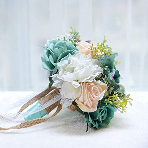 Fiwisora 9.8" Bridal Holding Wedding Bouquet Real-Looking Mixed Flowers Ivory Greenery Bridal Wedding Throw Bouquet for Wedding Brides Bridesmaid Wedding Hold Flower, Vintage Green Bouquet - Image 3