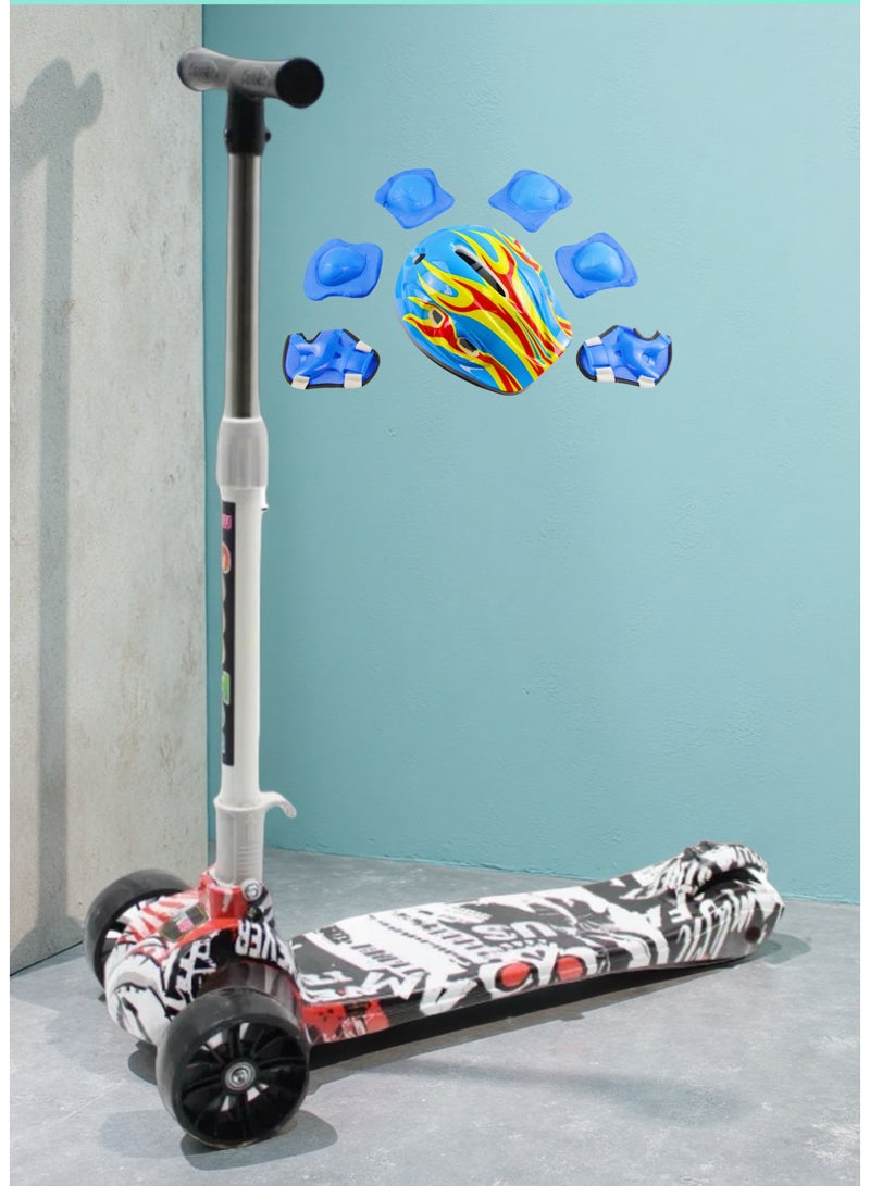 EASY FUTURE 3-8 Years Kids Scooter with Foldable Frame, Adajustable Handlebar, LED PU Wheels, Rear Brake Including Full Protective Gear Set - Image 1