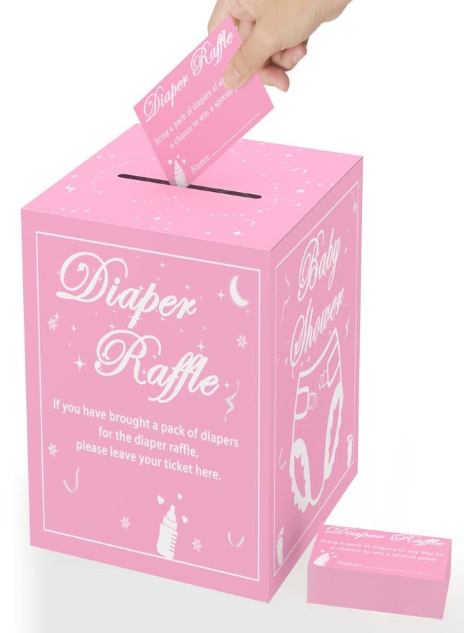 WNINK 50 Pcs Diaper Raffle Tickets with Box for Baby Shower, Diaper Raffle Card for Boy & Girls Gender Reveal Diaper Raffle Card Box for Baby Shower Games Party Decorations (Pink) - Image 1