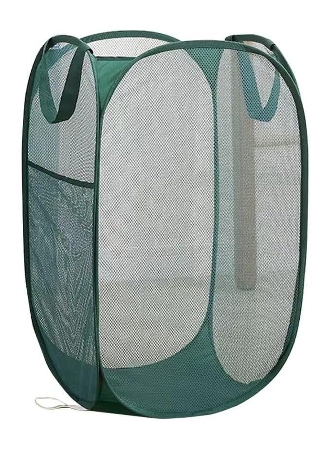 سلة غسيل منبثقة، سلة غسيل شبكية خفيفة الوزن بمقابض متينة، سلة غسيل عمودية عملية مع جيوب جانبية للسكن الجامعي والمنزل والسفر والتخييم - سلة غسيل منبثقة باللون الأخضر (أخضر) - Image 1