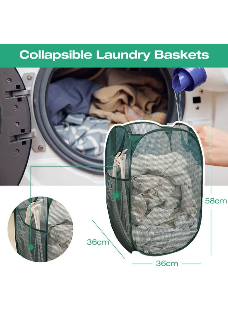 سلة غسيل منبثقة، سلة غسيل شبكية خفيفة الوزن بمقابض متينة، سلة غسيل عمودية عملية مع جيوب جانبية للسكن الجامعي والمنزل والسفر والتخييم - سلة غسيل منبثقة باللون الأخضر (أخضر) - Image 2