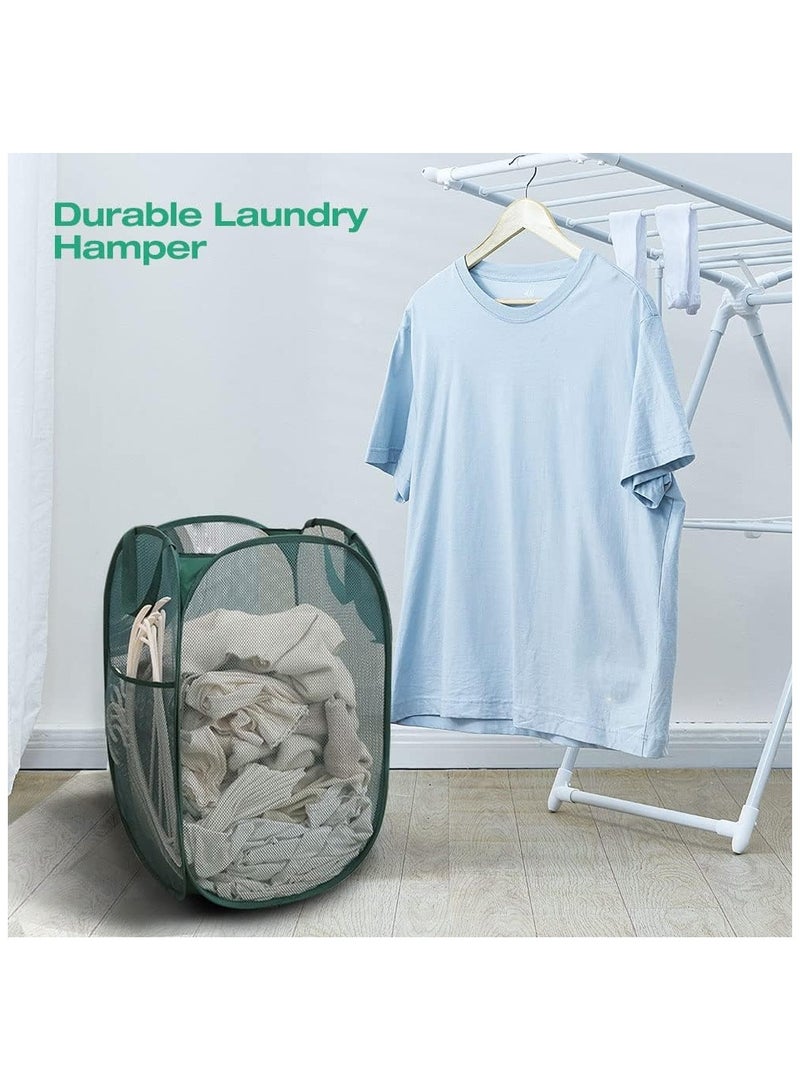 سلة غسيل منبثقة، سلة غسيل شبكية خفيفة الوزن بمقابض متينة، سلة غسيل عمودية عملية مع جيوب جانبية للسكن الجامعي والمنزل والسفر والتخييم - سلة غسيل منبثقة باللون الأخضر (أخضر) - Image 3