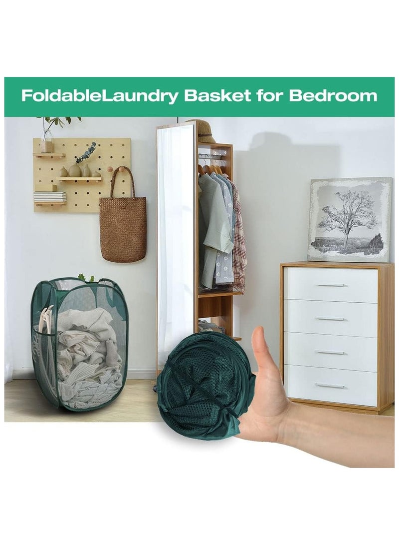 سلة غسيل منبثقة، سلة غسيل شبكية خفيفة الوزن بمقابض متينة، سلة غسيل عمودية عملية مع جيوب جانبية للسكن الجامعي والمنزل والسفر والتخييم - سلة غسيل منبثقة باللون الأخضر (أخضر) - Image 4