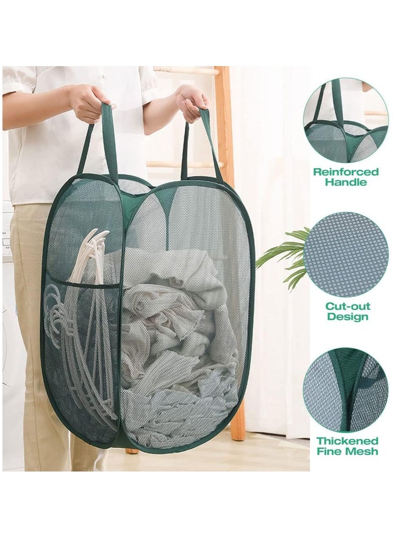 سلة غسيل منبثقة، سلة غسيل شبكية خفيفة الوزن بمقابض متينة، سلة غسيل عمودية عملية مع جيوب جانبية للسكن الجامعي والمنزل والسفر والتخييم - سلة غسيل منبثقة باللون الأخضر (أخضر) - Image 5