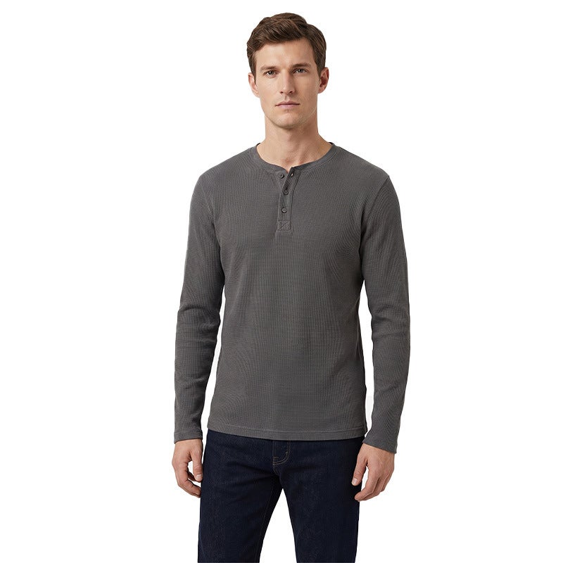 American Henley Waffle Knit Long Sleeve T-Shirt Solid Basic Top Unisex - Image 1