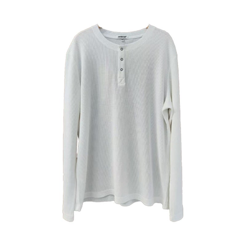 American Henley Waffle Knit Long Sleeve T-Shirt Solid Basic Top Unisex - Image 4