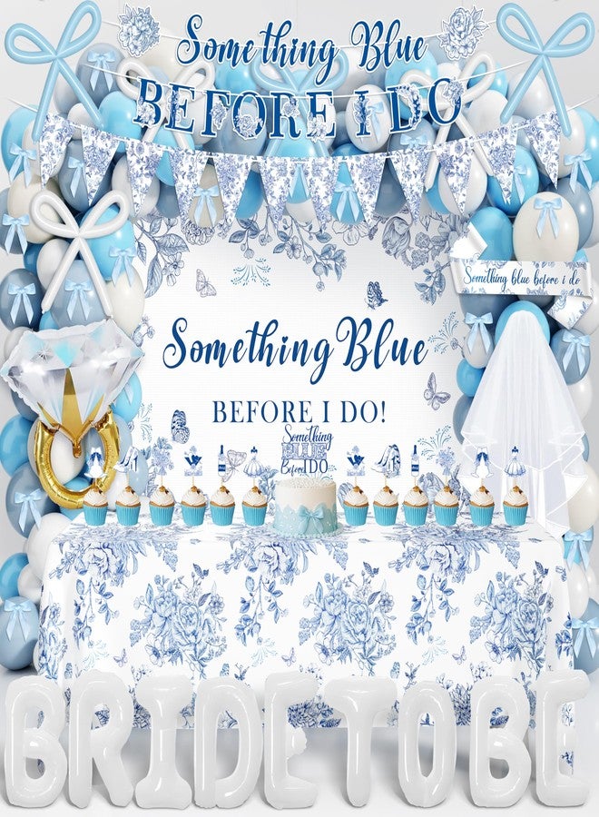 THAWAY Something Blue Before I Do Bridal Shower Decorations,127 PCS Blue Bachelorette Party Decorations with Coquette Bow Balloon Arch Kit Floral Backdrop Tablecloth Banner Garland Cake Topper Veil - Image 1
