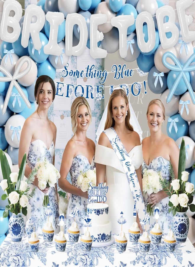THAWAY Something Blue Before I Do Bridal Shower Decorations,127 PCS Blue Bachelorette Party Decorations with Coquette Bow Balloon Arch Kit Floral Backdrop Tablecloth Banner Garland Cake Topper Veil - Image 5