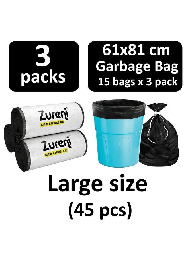 Zureni Zureni Garbage Dustbin Bags (Large, 60 x 81 cm or 24" x 32") Drawstring Anti-drip Trash Waste Basket Bag for Kitchen Office Warehouse Pantry (Black, 3 x 15 Pcs/Roll)  - Image 2