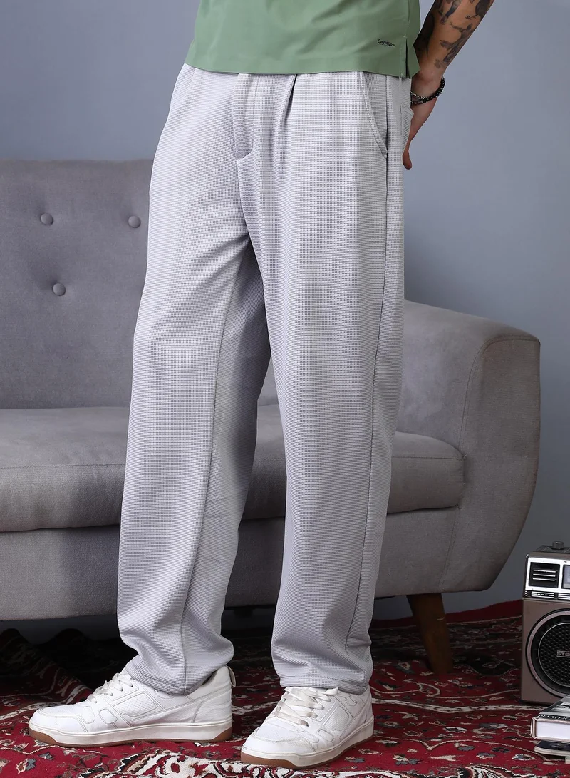 Campus Sutra  Men's Cloud Grey Micro-Waffle Straight Trousers For Casual Wear | Mid-Rise | Straight Fit | Drawstring Closure | Trousers Crafted With Comfort Fit For Everyday Wear for Men | Best Price UAE