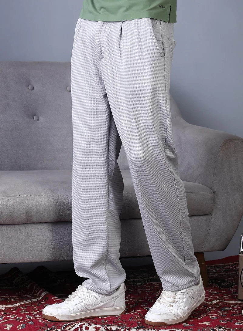 Campus Sutra Men's Cloud Grey Micro-Waffle Straight Trousers For Casual Wear | Mid-Rise | Straight Fit | Drawstring Closure | Trousers Crafted With Comfort Fit For Everyday Wear