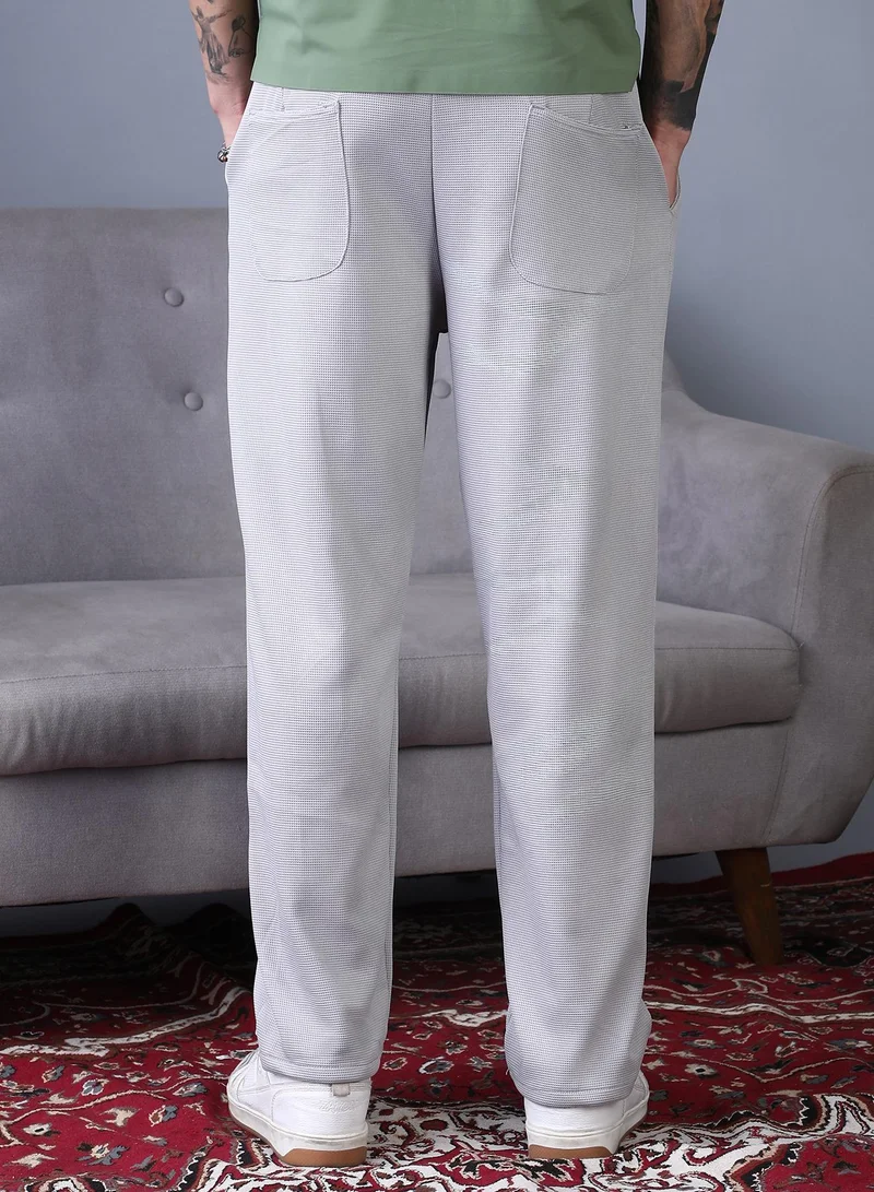 Campus Sutra  Men's Cloud Grey Micro-Waffle Straight Trousers For Casual Wear | Mid-Rise | Straight Fit | Drawstring Closure | Trousers Crafted With Comfort Fit For Everyday Wear for Men | Best Price UAE