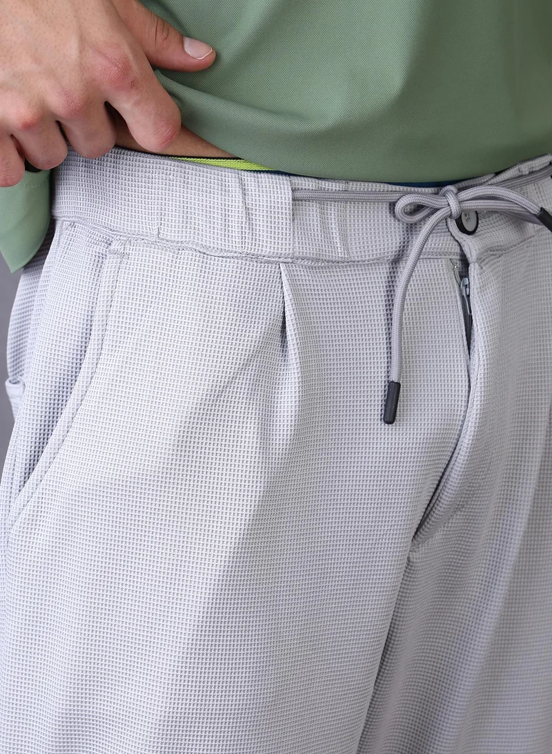 Campus Sutra  Men's Cloud Grey Micro-Waffle Straight Trousers For Casual Wear | Mid-Rise | Straight Fit | Drawstring Closure | Trousers Crafted With Comfort Fit For Everyday Wear for Men | Best Price UAE