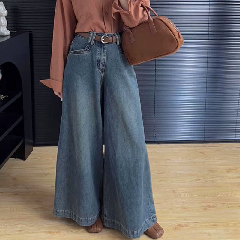 Loose Large Wide Leg Jeans Womens New Niche High Waist Straight plus size Pear Shape Retro Blue Long Pants Autumn Vintage blue