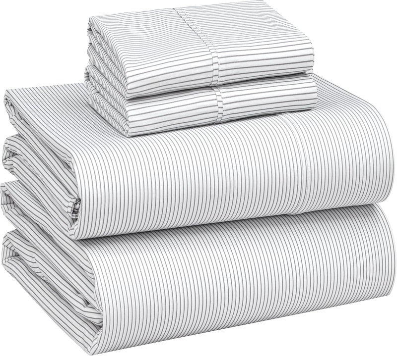 Ruvanti 100% Cotton Percale Sheets King Size – Crisp Cooling Bed Sheets for Hot Sleepers, Deep Pocket 16”, Soft Breathable & Durable Hotel-Style 4 Piece Set, Grey Pinn Stripe - Image 1