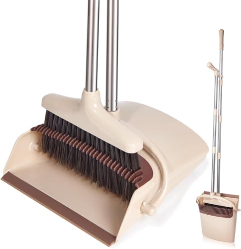 XXFLOWER Broom and Dustpan Set with Long Handle, Light Weight Stainless Steel Poles Stand Upright Dustpans with Broom Combo for Home Kitchen Office Pet Dog Hair, Brown & Beige Color, 1-Pack - Image 1