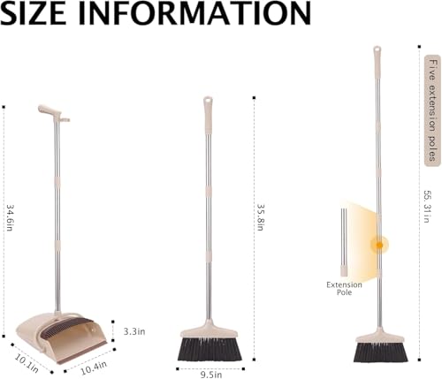 XXFLOWER Broom and Dustpan Set with Long Handle, Light Weight Stainless Steel Poles Stand Upright Dustpans with Broom Combo for Home Kitchen Office Pet Dog Hair, Brown & Beige Color, 1-Pack - Image 2