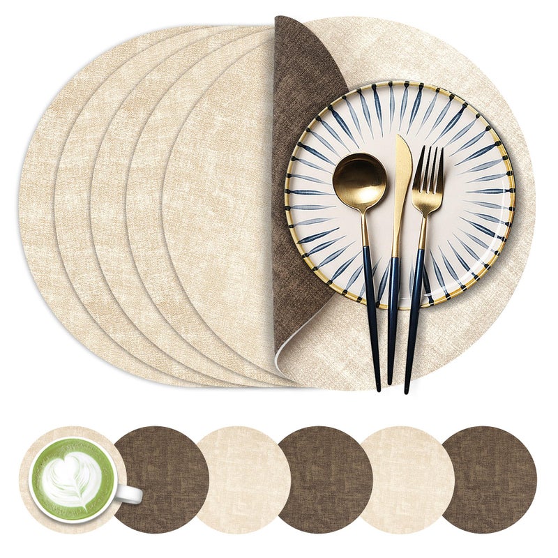 Fyvva 13-Inch Faux Leather Round Placemats Set of 6, Waterproof Anti-Slip Dual Sided Place mats, Heat Resistant Washable Table Mats with Coaster, Suitable for Indoor & Outdoor (6, Beige Dark Coffee) - Image 1