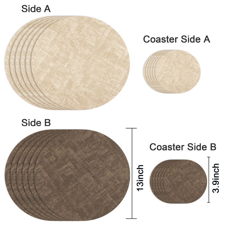 Fyvva 13-Inch Faux Leather Round Placemats Set of 6, Waterproof Anti-Slip Dual Sided Place mats, Heat Resistant Washable Table Mats with Coaster, Suitable for Indoor & Outdoor (6, Beige Dark Coffee) - Image 2