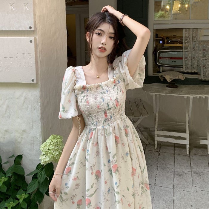 Summer Sweet square collar elegant floral dress female student gentle wind waist slimming mid-length A- line skirt White