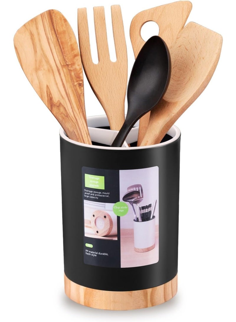 Arabest Kitchen Utensil Holder Tableware Storage Bucket, Spoon Chopsticks Fork Drain Rack Utensil Crock for Counter, Household 3-Format Tableware Drainer with Removable Divider and Wooden Base(Black) - Image 1