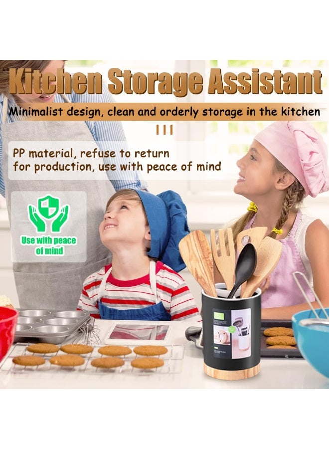 Arabest Kitchen Utensil Holder Tableware Storage Bucket, Spoon Chopsticks Fork Drain Rack Utensil Crock for Counter, Household 3-Format Tableware Drainer with Removable Divider and Wooden Base(Black) - Image 4