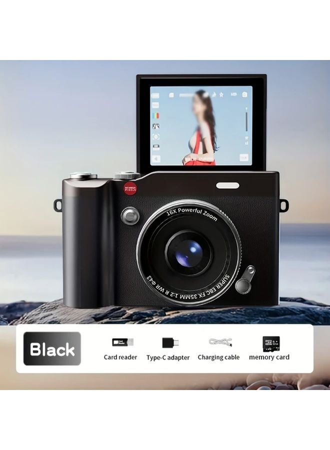 Black Retro Flip Digital Camera 32GB Memory Card Lanyard Rechargeable Selfie Student Gift - Image 1