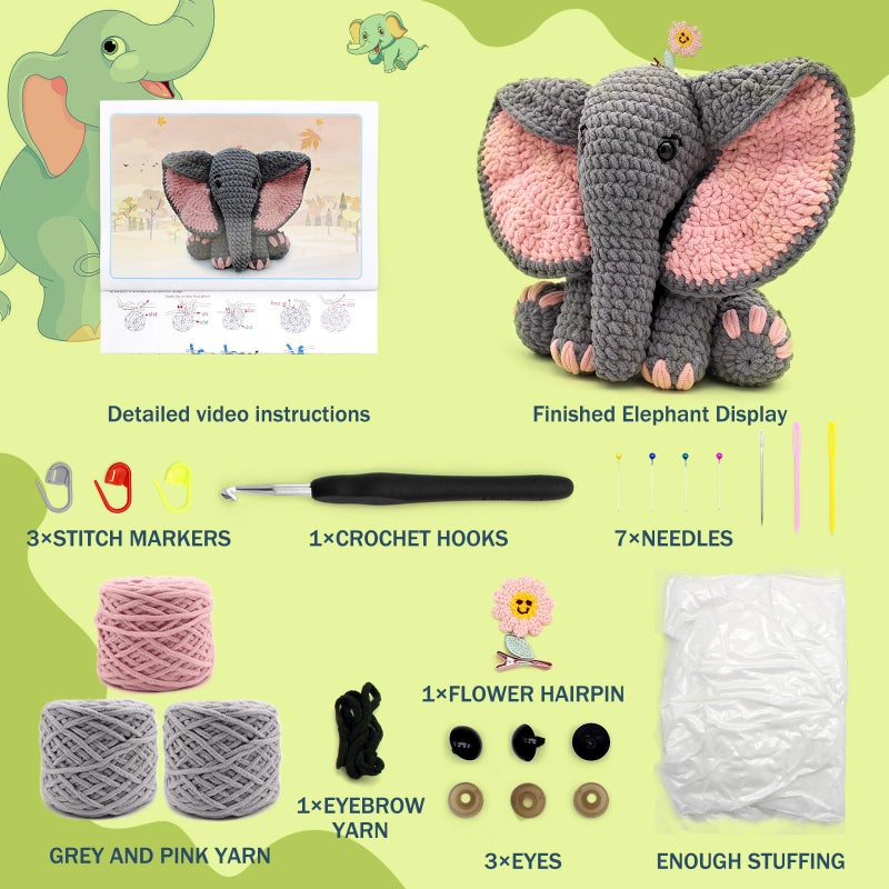 CODGP Crochet Kit for Beginners,13in Crochet Animal Kit Elephant,Crochet Starter Kit Gift for Adults Kids with Yarn Sets,Amigurumi Crochet Kit with Step-by-Step Video Tutorials - Image 3