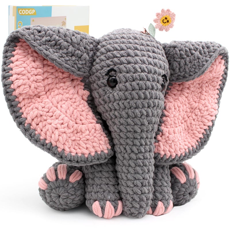 CODGP Crochet Kit for Beginners,13in Crochet Animal Kit Elephant,Crochet Starter Kit Gift for Adults Kids with Yarn Sets,Amigurumi Crochet Kit with Step-by-Step Video Tutorials - Image 1