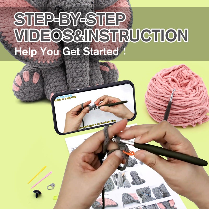 CODGP Crochet Kit for Beginners,13in Crochet Animal Kit Elephant,Crochet Starter Kit Gift for Adults Kids with Yarn Sets,Amigurumi Crochet Kit with Step-by-Step Video Tutorials - Image 5