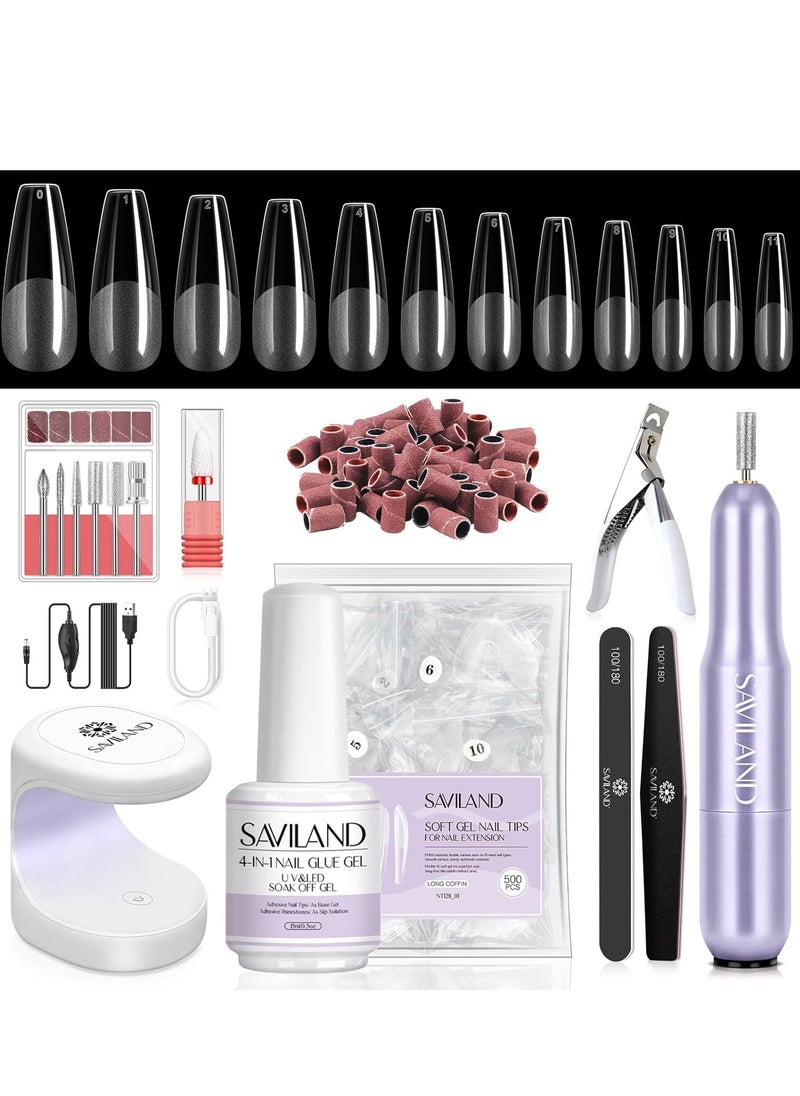 Saviland SAVILAND Gel X Nail Kit: All-in-1 Beginner Gel Nail Kit with Nail Drill 0.5Oz Nail Glue Gel 500PCS Long Coffin Nail Tips U V Lamp Acrylic Nail Kit Home Salon DIY Nail Art Gel Kit Manicure Gift  - Image 1