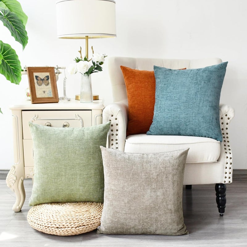 CaliTime Throw Pillow Covers Set of 4 Modern Multi-Color Matching Cozy Soft Chenille Cushion Cases Shells for Couch Sofa Home Decor 18 X 18 Inches Smoke Blue Taupe Sage Green Burnt Orange - Image 1