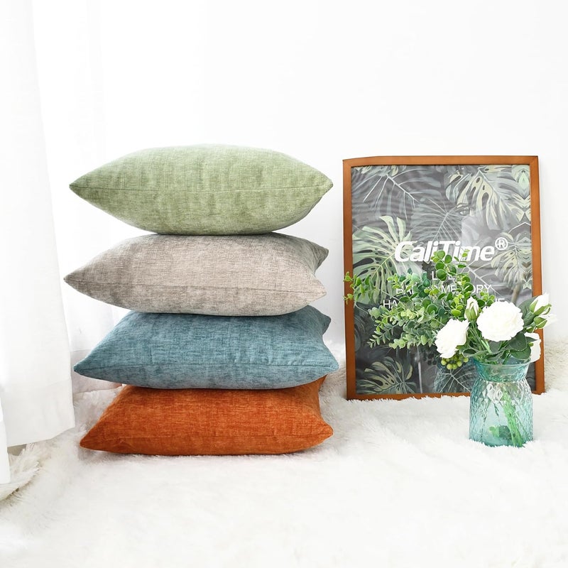 CaliTime Throw Pillow Covers Set of 4 Modern Multi-Color Matching Cozy Soft Chenille Cushion Cases Shells for Couch Sofa Home Decor 18 X 18 Inches Smoke Blue Taupe Sage Green Burnt Orange - Image 4