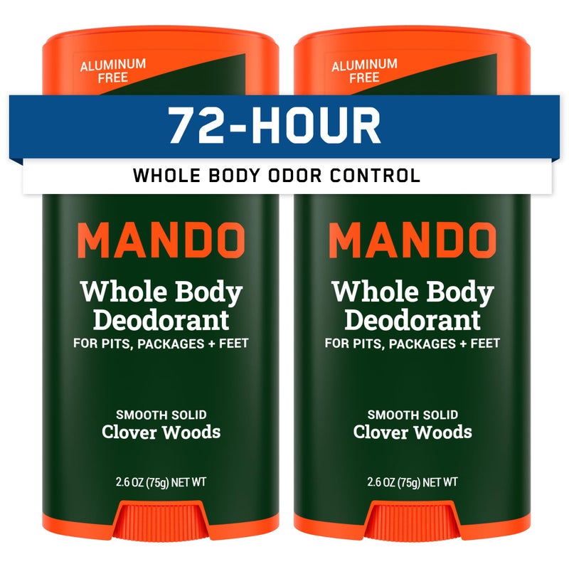 Mando Whole Body Deodorant For Men - Smooth Solid Stick - 72 Hour Odor Control - Aluminum Free, Baking Soda Free, Skin Safe - 2.6 Ounce (Pack of 2) - Clover Woods - Image 1