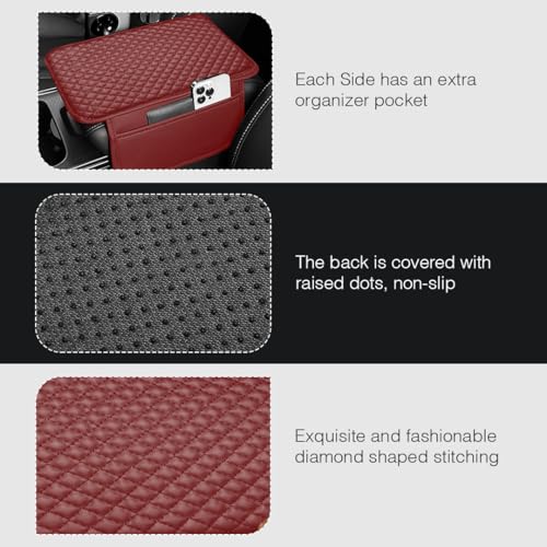 Lyrovo PU Leather Car Armrest Cushion Pad With Side Pockets, Universal Fit for All Car (Maroon) - Image 4