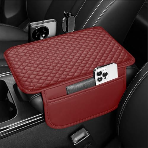 Lyrovo PU Leather Car Armrest Cushion Pad With Side Pockets, Universal Fit for All Car (Maroon) - Image 1